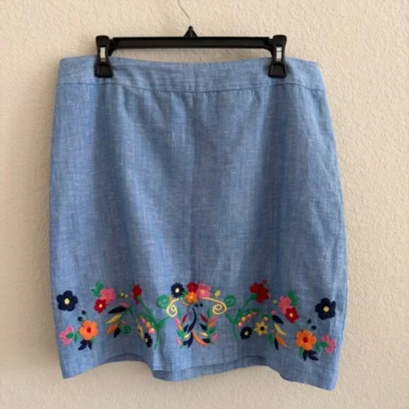 Talbots Chambray Linen/Cotton Embroidered Floral A Line Skirt Size 12 Boho Artsy - Picture 3 of 10